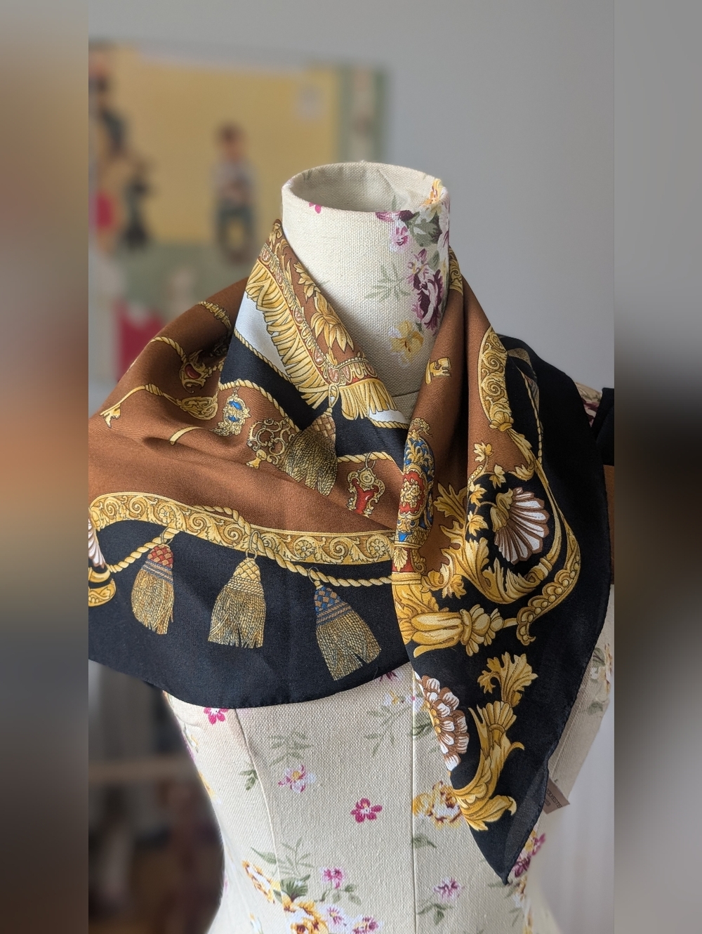 Castellani Vintage Elegant Black and Brown‎ Baroque Print Silk Scarf